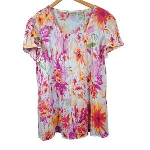 Art and‎ Soul Floral Print Tunic Top Women's XL V Neck Short Sleeve Sheer